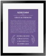 Adilynn personalized name art with origin story in purple with black matte frame