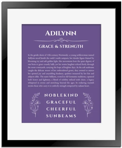 Adilynn personalized name art with origin story in purple with black matte frame