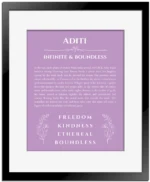Aditi personalized name art with origin story in light purple with black matte frame