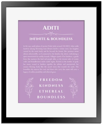 Aditi personalized name art with origin story in light purple with black matte frame