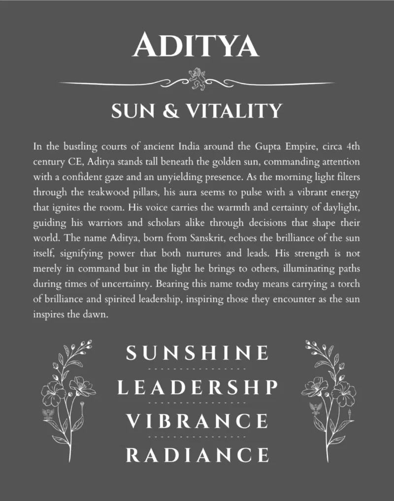 Aditya name origin print with meaning and traits in gray