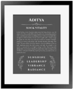 Aditya name origin print with meaning and traits in gray with black matte frame
