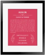 Adler name origin print with meaning and traits in red with black matte frame