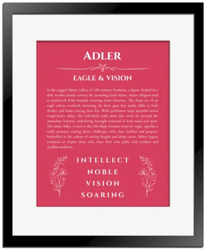 Adler name origin print with meaning and traits in red with black matte frame