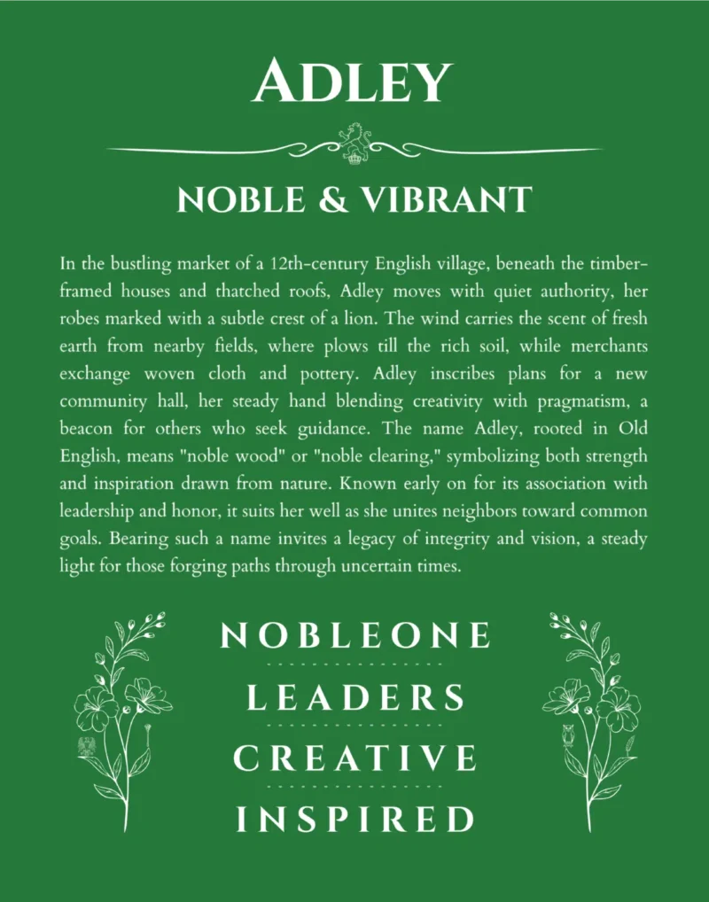 Adley personalized name art with origin story in dark green