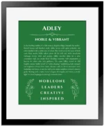 Adley personalized name art with origin story in dark green with black matte frame