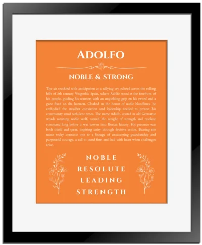Adolfo personalized name print with origin and traits in orange with black matte frame