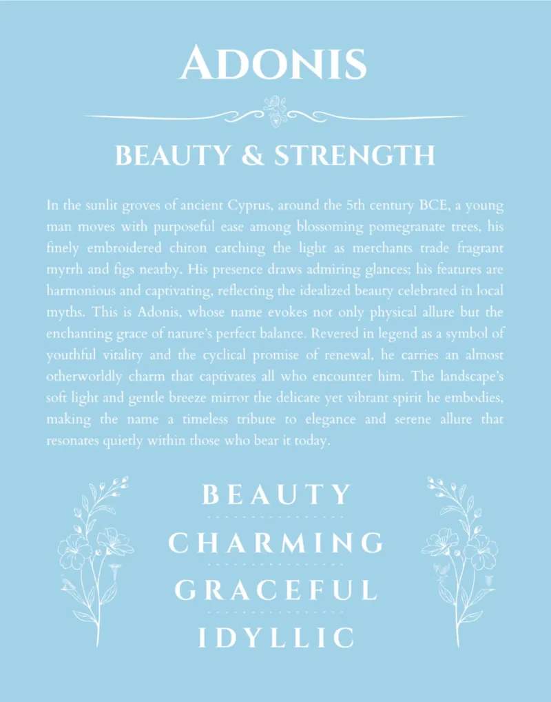 Adonis custom name art showing meaning and origin in light blue