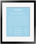 Adonis custom name art showing meaning and origin in light blue with black matte frame