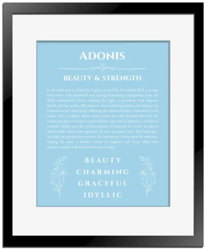 Adonis custom name art showing meaning and origin in light blue with black matte frame