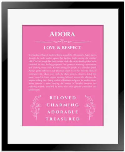 Adora personalized name art with origin story in pink with black matte frame