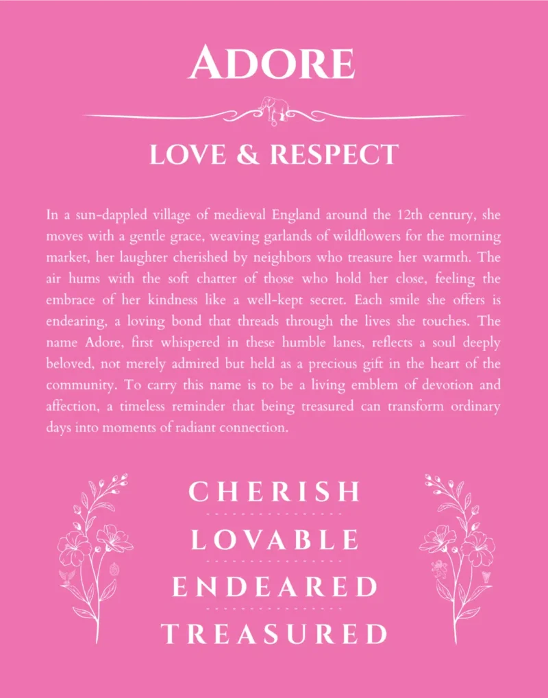 Adore name origin print with meaning and traits in pink