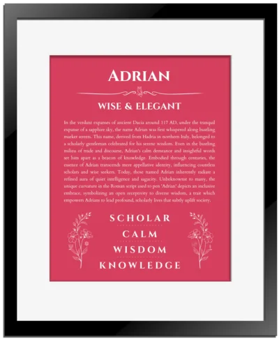 Adrian personalized name meaning print in red with black matte frame