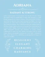 Adriana custom name art showing meaning and origin in light blue