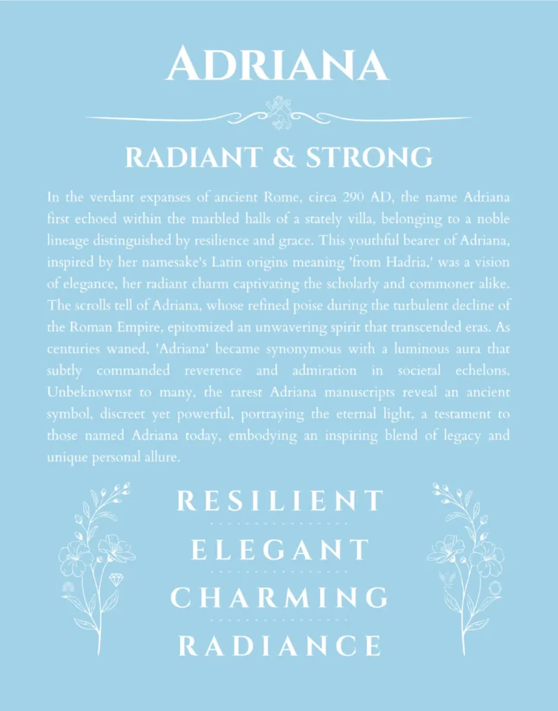 Adriana custom name art showing meaning and origin in light blue