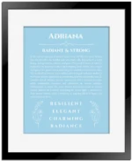 Adriana custom name art showing meaning and origin in light blue with black matte frame