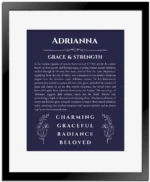 Adrianna custom name meaning print in navy blue with black matte frame