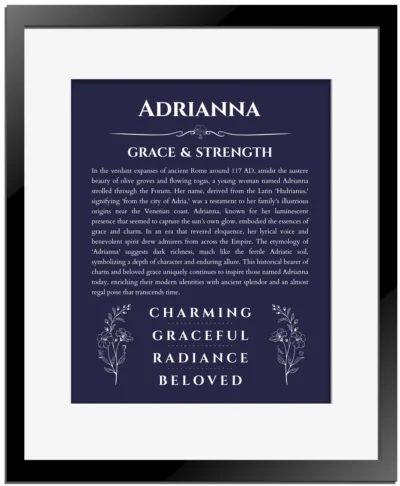 Adrianna custom name meaning print in navy blue with black matte frame