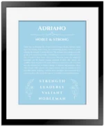 Adriano name meaning wall art by Get Your Story in light blue with black matte frame