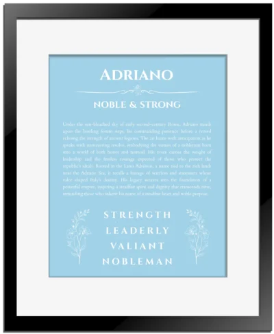 Adriano name meaning wall art by Get Your Story in light blue with black matte frame