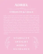 Adriel name origin print with meaning and traits in light pink