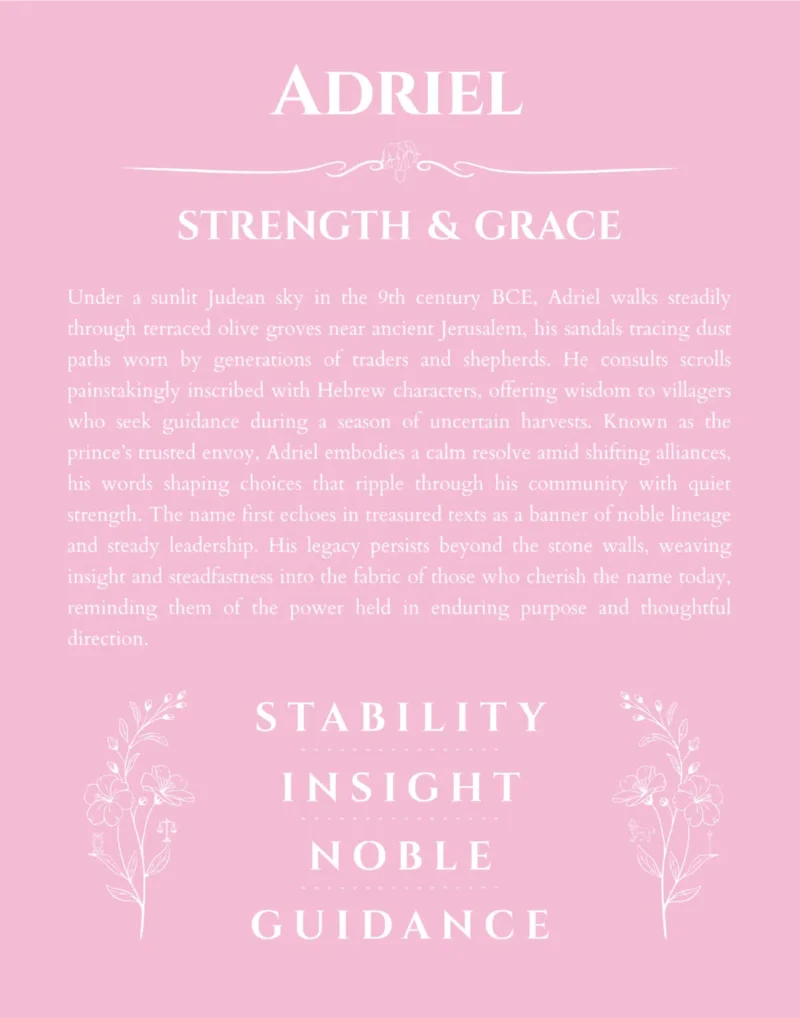 Adriel name origin print with meaning and traits in light pink