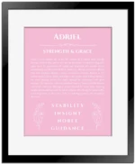 Adriel name origin print with meaning and traits in light pink with black matte frame