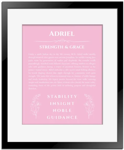Adriel name origin print with meaning and traits in light pink with black matte frame