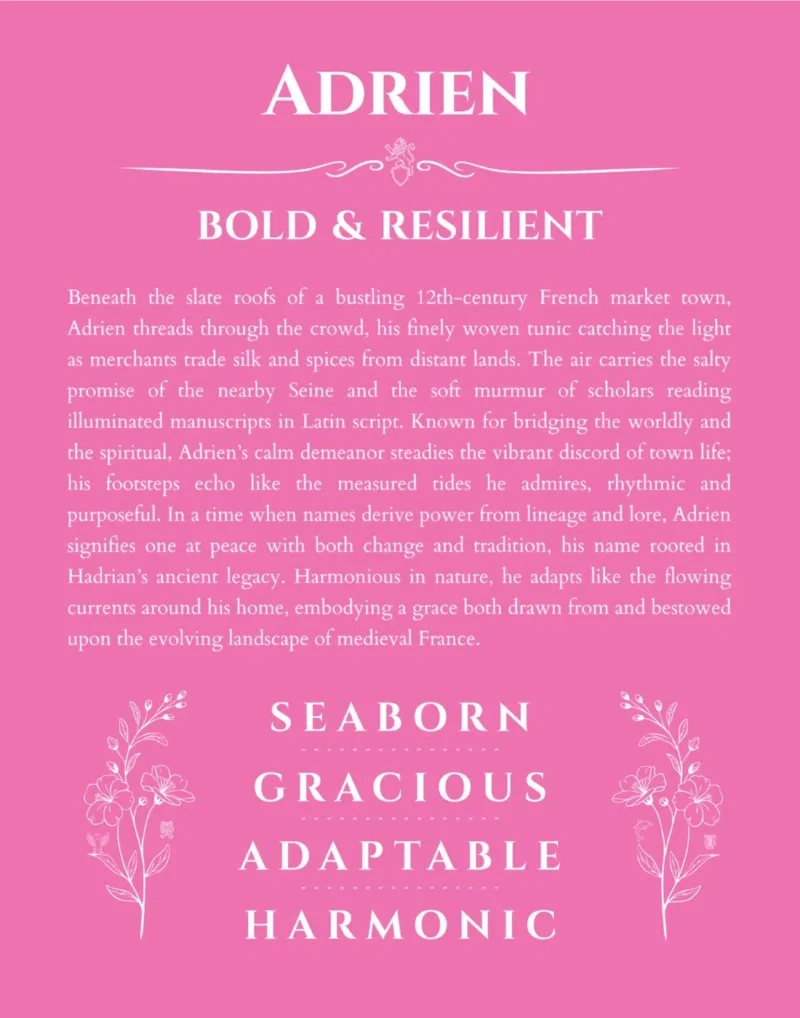 Adrien custom name art showing meaning and origin in pink