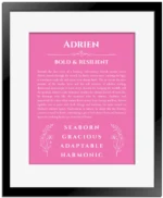 Adrien custom name art showing meaning and origin in pink with black matte frame