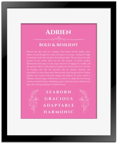 Adrien custom name art showing meaning and origin in pink with black matte frame