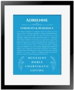 Adrienne custom name print for wall display in blue with black matte frame