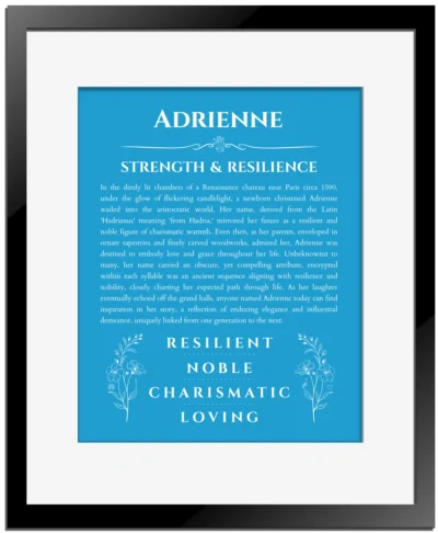 Adrienne custom name print for wall display in blue with black matte frame