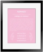 Advait custom name meaning print in light pink with black matte frame