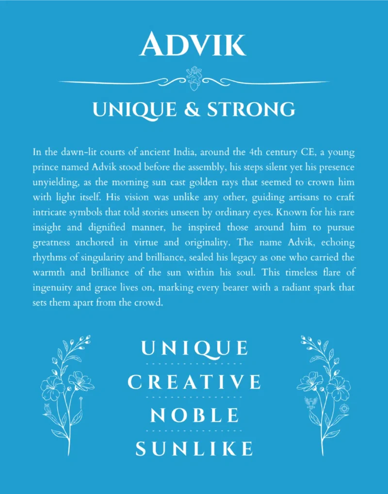Advik name origin print with meaning and traits in blue