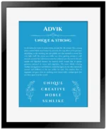 Advik name origin print with meaning and traits in blue with black matte frame
