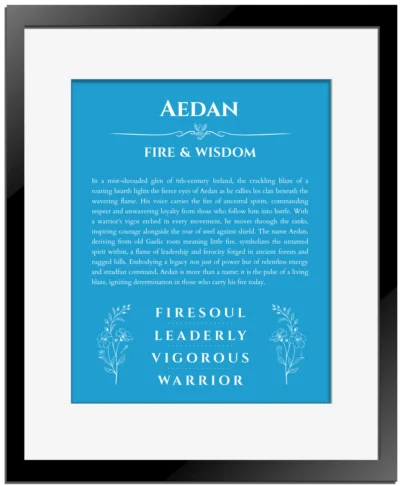 Aedan custom name print for wall display in blue with black matte frame
