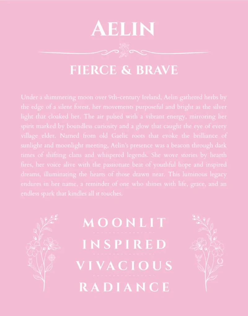 Aelin personalized name print with origin and traits in light pink