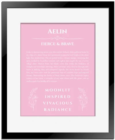 Aelin personalized name print with origin and traits in light pink with black matte frame