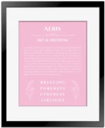Aeris name meaning gift print in light pink with black matte frame