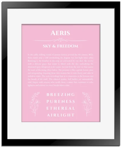 Aeris name meaning gift print in light pink with black matte frame
