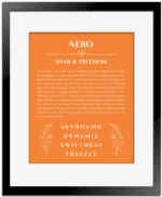 Aero personalized wall art with the story of your name in orange with black matte frame
