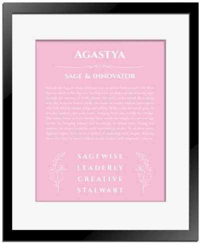 Agastya personalized wall art with the story of your name in light pink with black matte frame