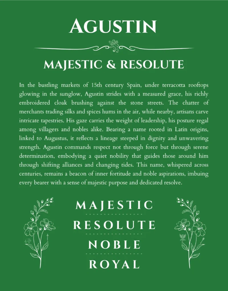 Agustin name origin print with meaning and traits in dark green
