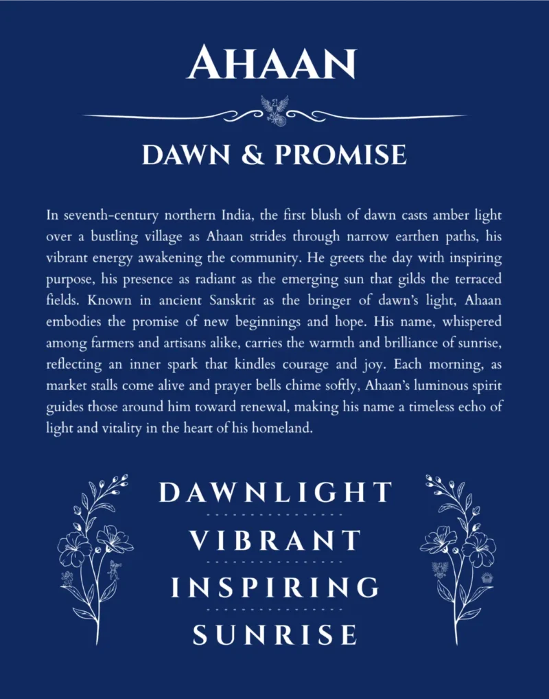 Ahaan personalized name print with origin and traits in deep blue