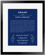 Ahaan personalized name print with origin and traits in deep blue with black matte frame