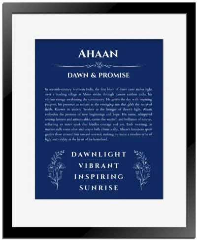Ahaan personalized name print with origin and traits in deep blue with black matte frame