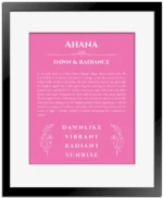 Ahana custom name meaning print in pink with black matte frame