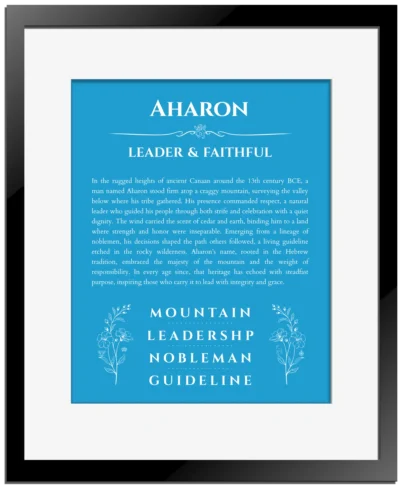 Aharon personalized name print with origin and traits in blue with black matte frame