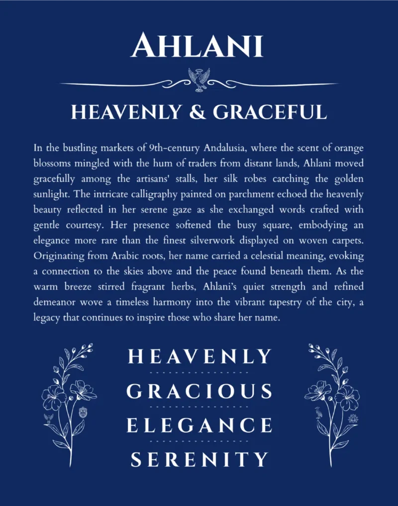 Ahlani name origin print with meaning and traits in deep blue